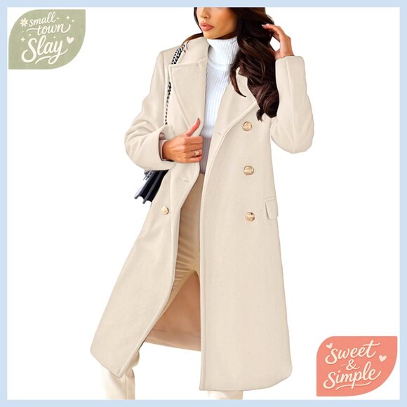 Women's Wool Blend Pea Coat Double-Breasted Long Trench Winter Jacket